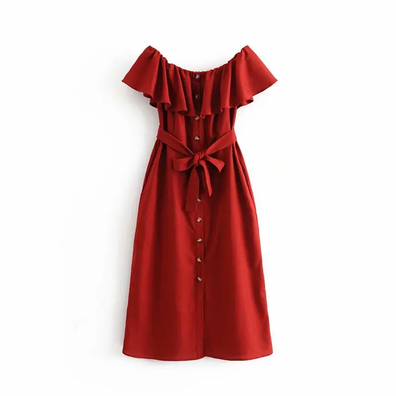 

Wholesale Summer Clothing Women Fashion O Neck Off-Shoulder Long Dress, Red