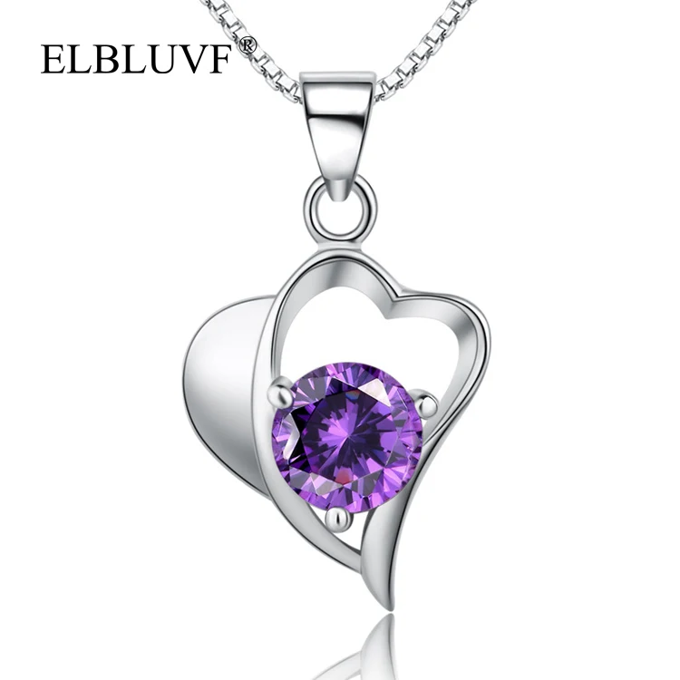 

ELBLUVF 925 Sterling Silver Charm Love Heart Pendant Necklace Purple Zircon Jewelry For Wedding / Engagement / Anniversary