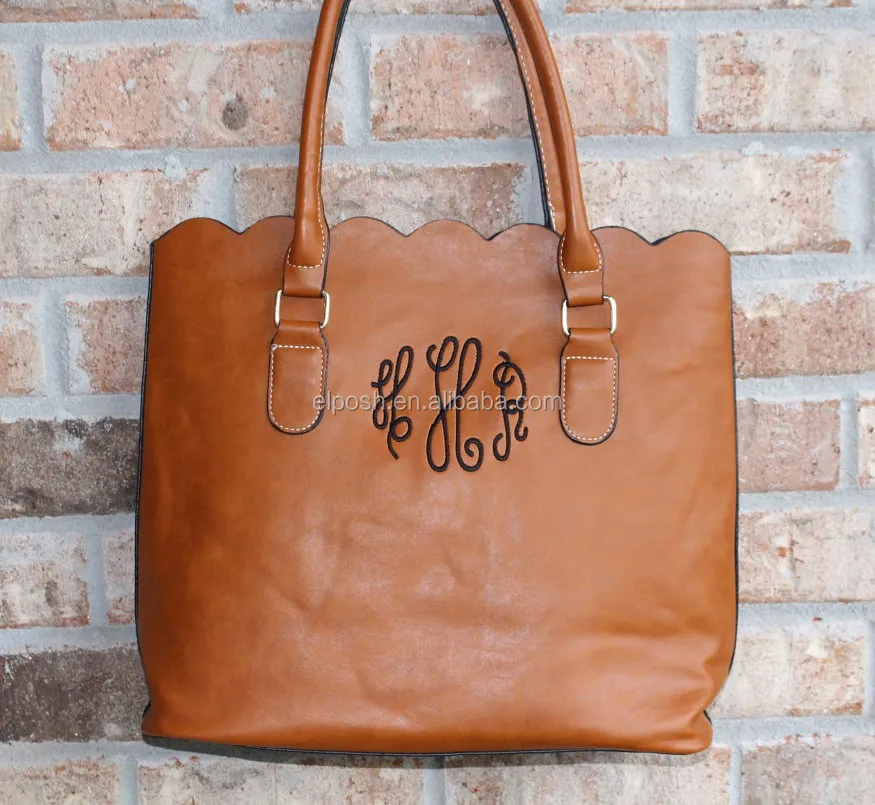 Personalized Ladies Monogrammed Faux Leather Tote Bag Scalloped Purse - Buy Scalloped Purse ...