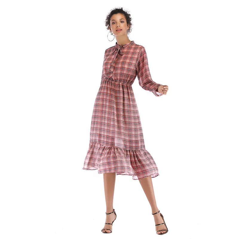 

Latest Autumn WInter Women Elegant Plaid Dress Long Sleeve Casual Ladies Fashion Dresses