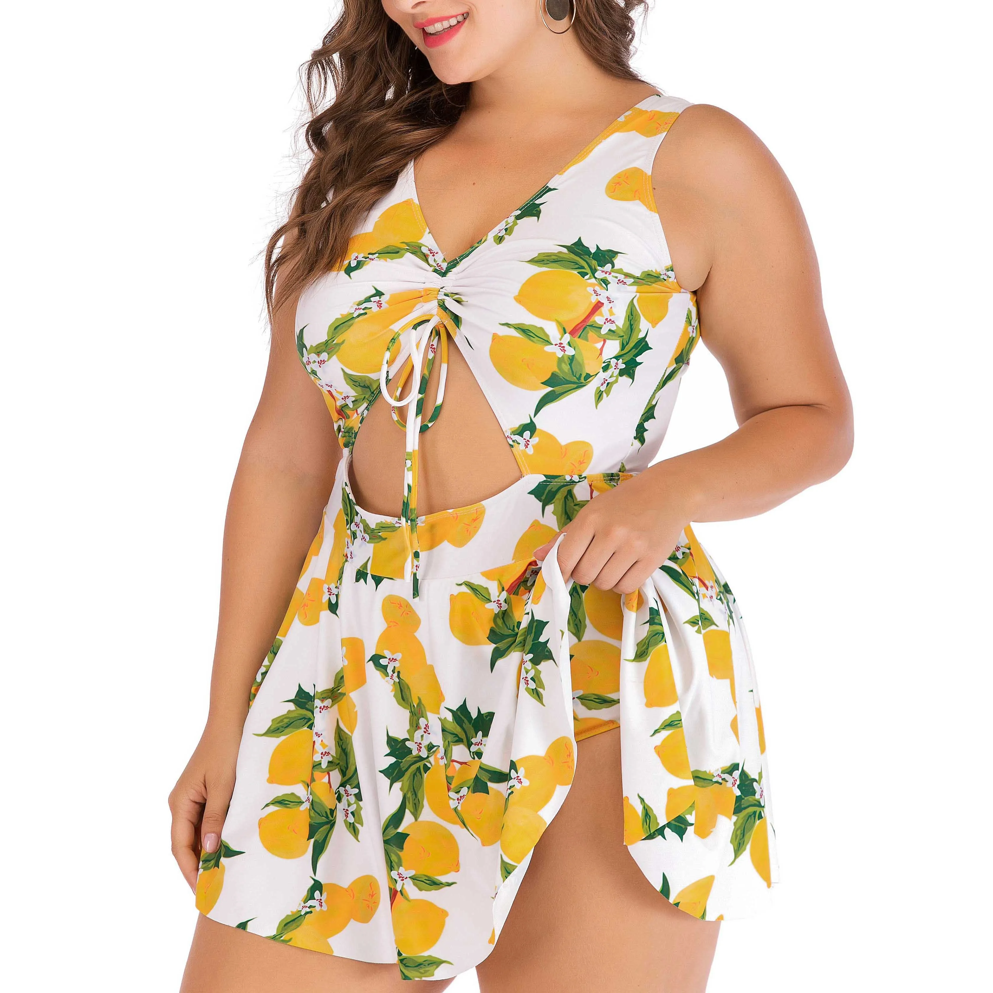 

SG-1801 Wholesales Women Tall Big Girl Lady Swimsuit Cutout Strappy Back Crane Lemon Leaf Print Swim Dress Plus Size Swimwear