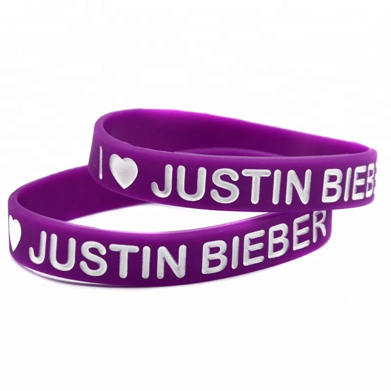

50pcs/Lot Bulk Cheap I Love Justin Bieber Silicone Wristband for Music Fans, Black;pink;blue;purple