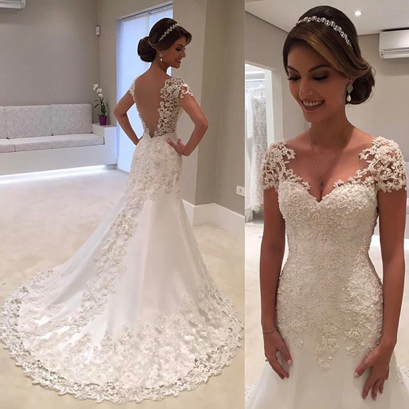 

Custom Made Illusive V-Neck Backless Sheath Lace Beaded Wedding Dresses With Short Train
