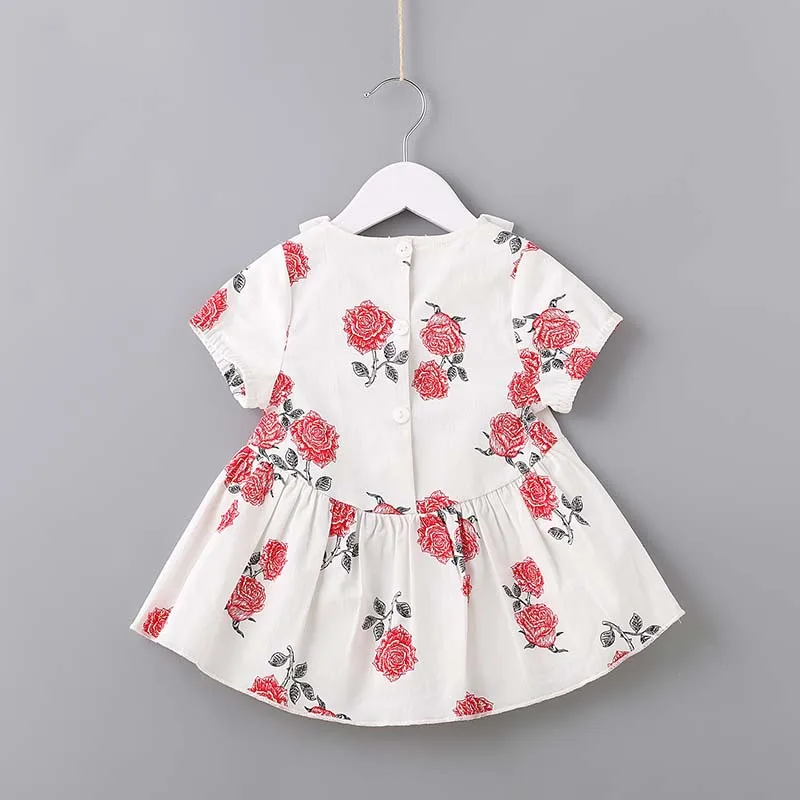 
wholesale 100% cotton floral bow neck short ruffle sleeve summer dress girl 