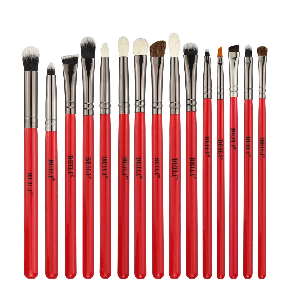 

BEILI Red 15pcs make up brushes Natural goat pony hair Professional eye make up brush set stock Private label accepted, Gloss red