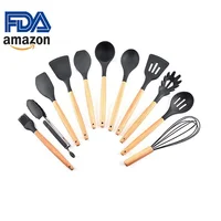 

FDA Amazon hot selling kitchen cooking and baking tool wooden handle 11pieces non-stick silicone kitchen accessories