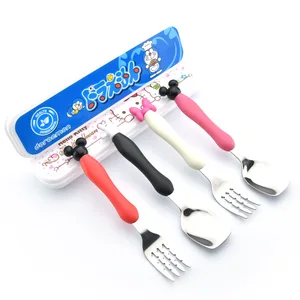 4pcs Toddler fork and spoon flatware set stainless steel child and kids cutlery set,baby training silverware with plastic handle
