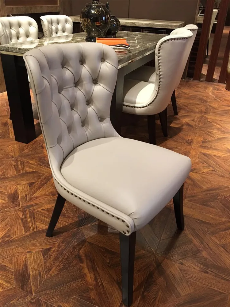 High Quality Luxury Wood Legs Leather Dining Chairs Tufted Pure Leather