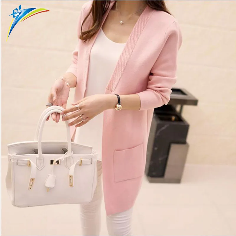 

New Women Spring Autumn Sweater Outwear Coat 2019 Long Cardigan Korean Slim Pocket Loose Knit Sweater, Pink;black;beige;watermelon red