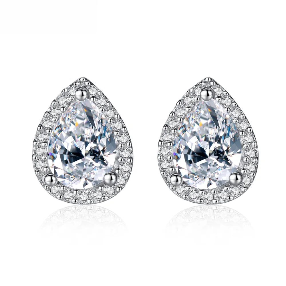 

CZCITY Rhodium Plated 925 Sterling Silver Jewelry Wholesale Teardrop Stud Earrings for Women Wedding Pear CZ Stud Earring