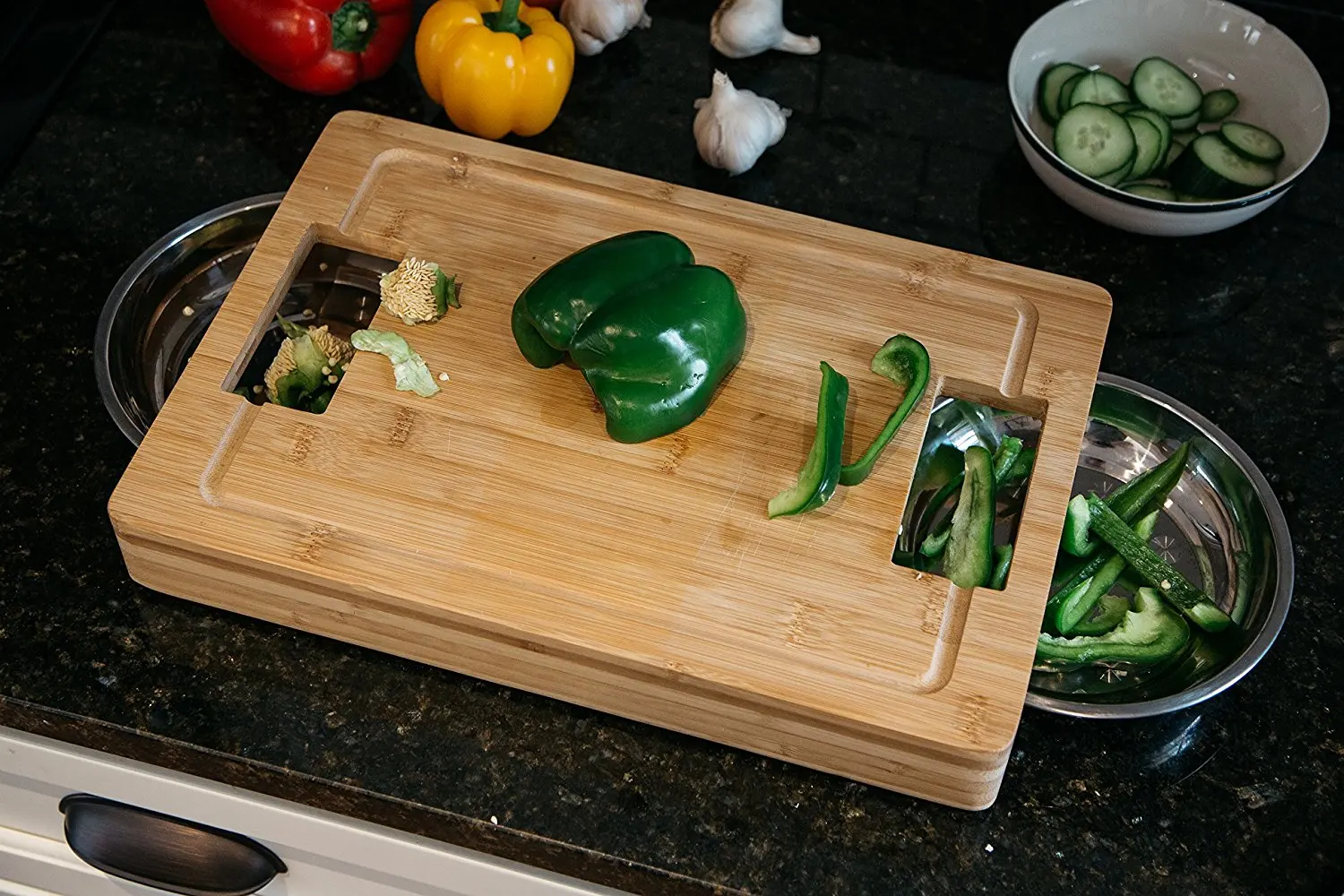 deluxe bamboo meat cutting board with stainless steel bowl