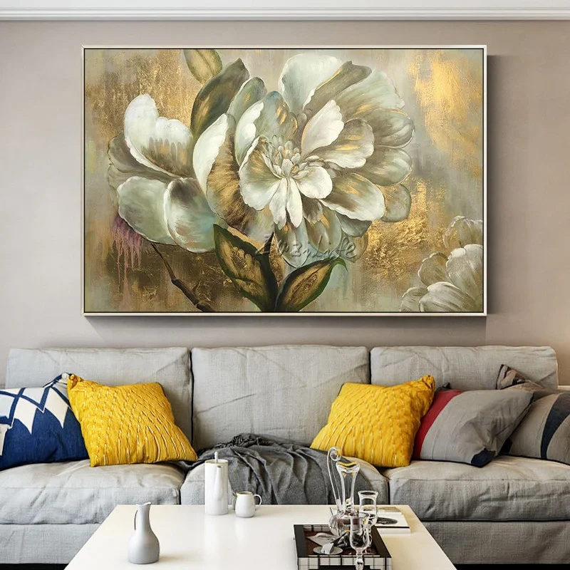 

Gold White Flower Oil Painting Acrylic Wall Art Pictures Canvas Painting for living room Home Quadros Caudros Decoracion, Multi colors