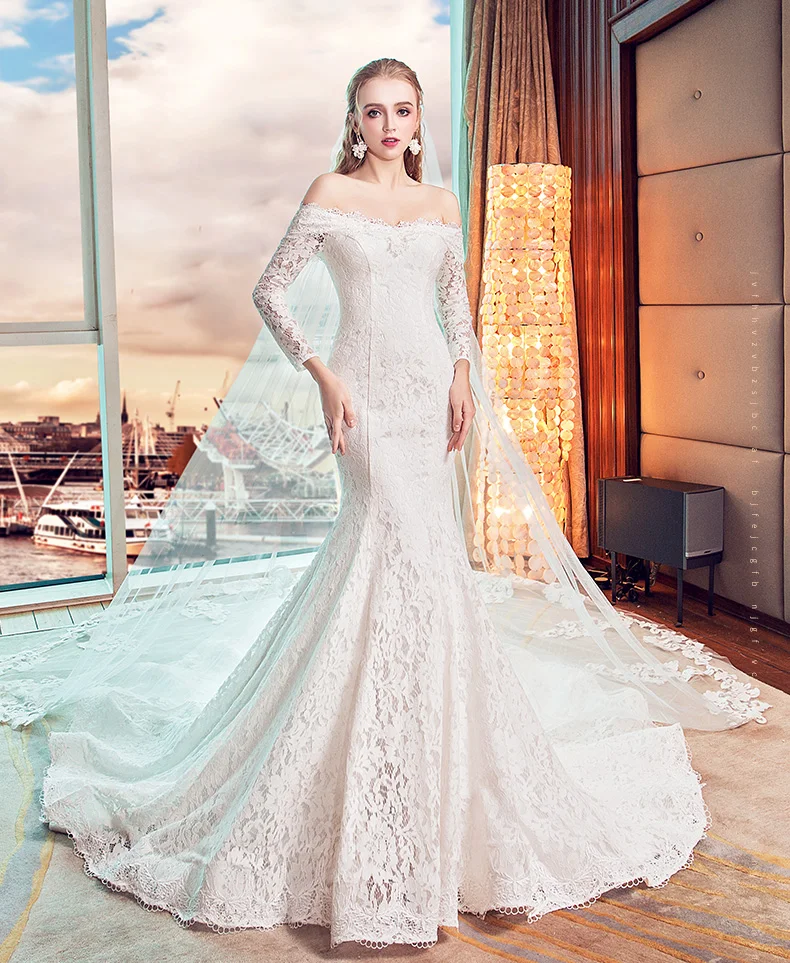 2017 Flat Shoulder Slimming Fish Tail Long Wedding Dresses Elegant