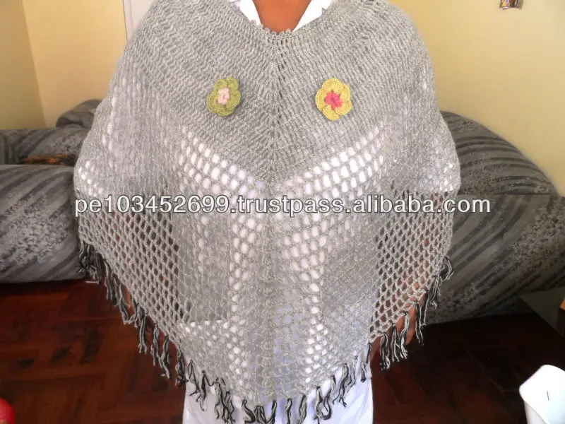 
100% Baby Alpaca Knitted Poncho Cape with Roses Peru Handmade 