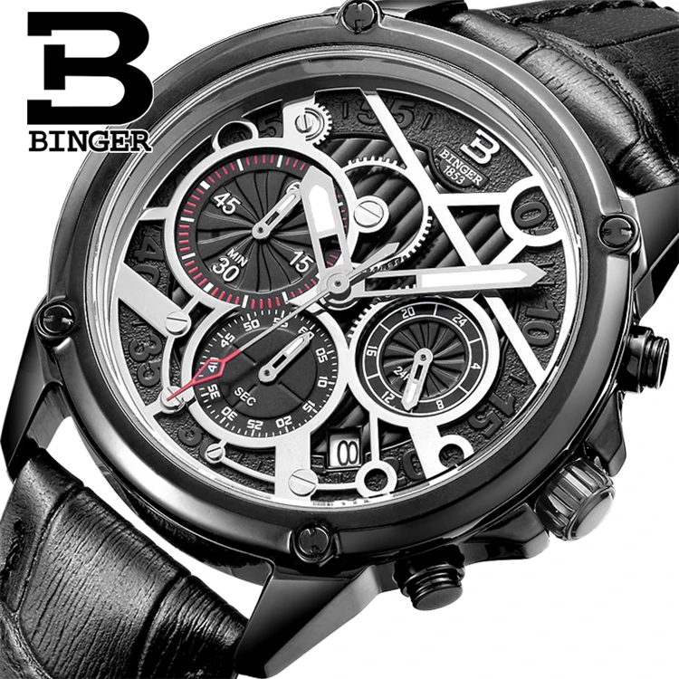 

BINGER 6008 Quartz Fashion Sport men watches luxury brand Wristwatches Genuine Leather Chronograph Steel Strap watches