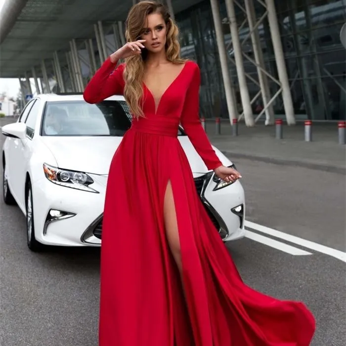 

mermaid evening dress deep V neck red women long sexy evening dress