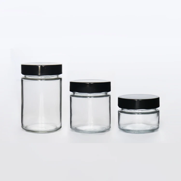 

106ml 212ml 314ml 580ml round straight side honey glass jar with metal lids food storage jar, Clear glass jar