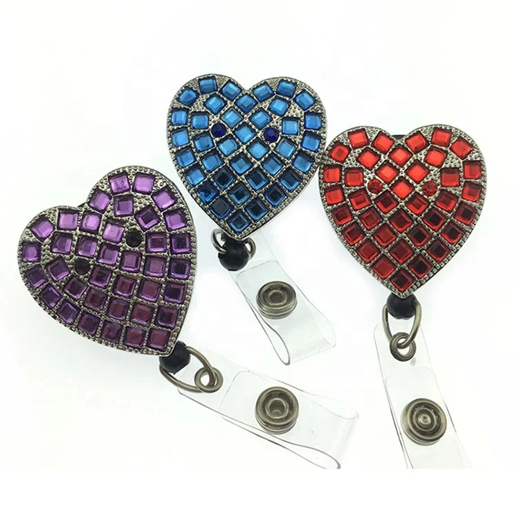 

Wholesale Red Rhinestone Heart ID Name Card Holder Nurse Retractable Badge Reel, All kinds of color