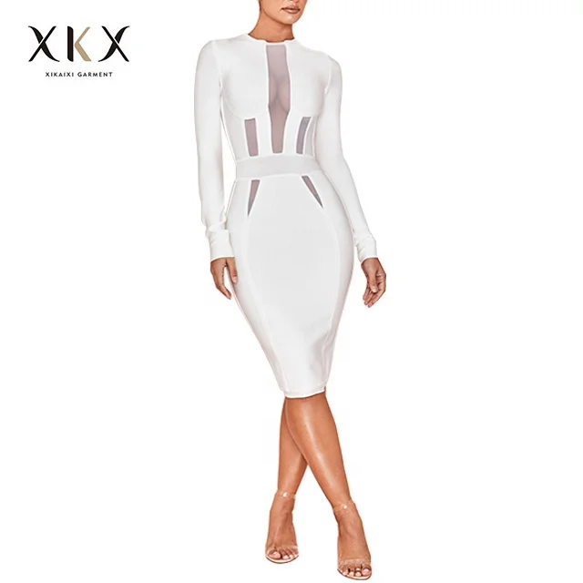 

professional manufacturer mesh maxi night club dress long sleeve bandage slim fitted dress