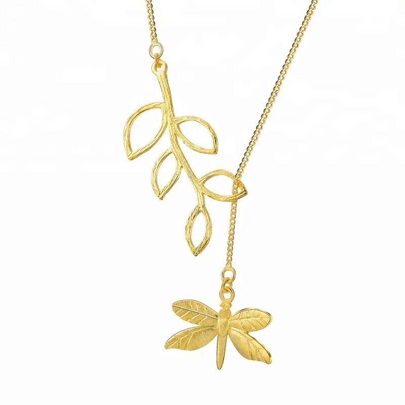 

Fashion Cute Dragonfly Leaf silver long necklace, As photo