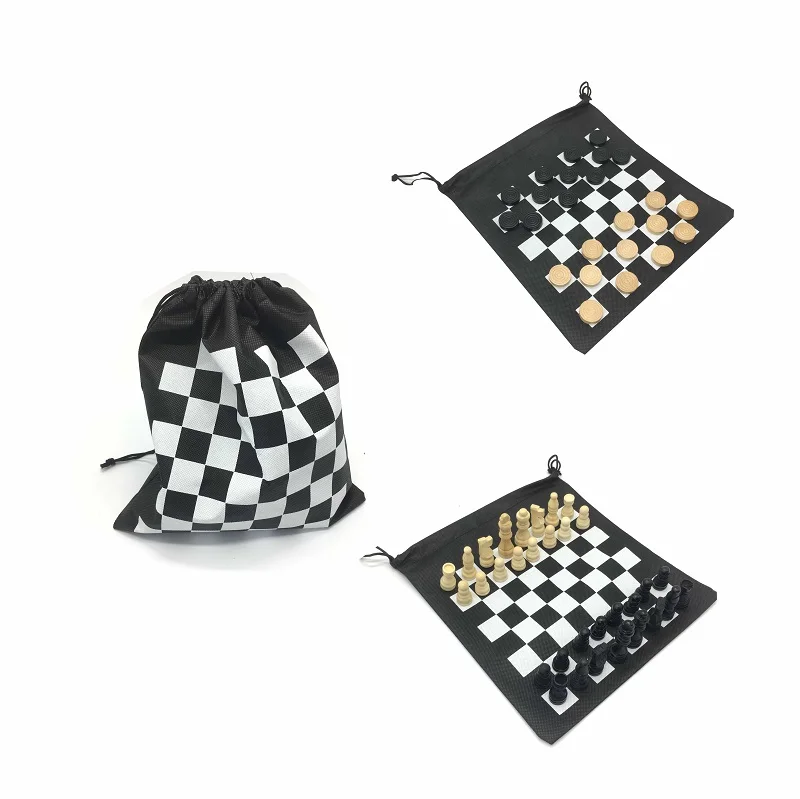 

Promotion wooden checkers and chess set with bag game set, Balck and natural