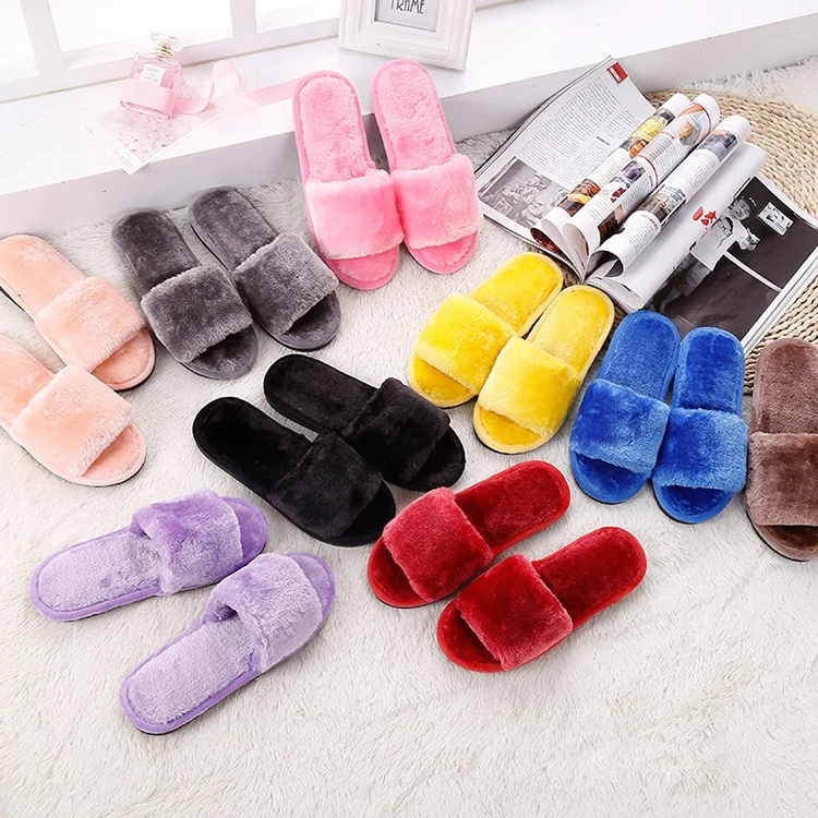 

Wholesale open toe soft fashion winter rubber faux fur comfy sole lady men slides plush slippers for women cotton house shoes, Customized