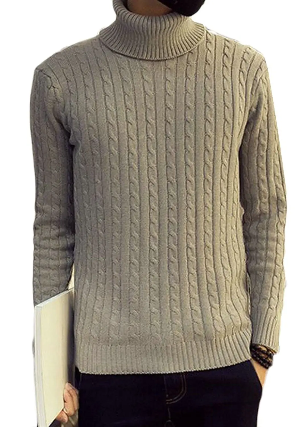 Cromoncent Mens Autumn Winter Casual Turtleneck Cable Knit Pullover Jumper Sweater