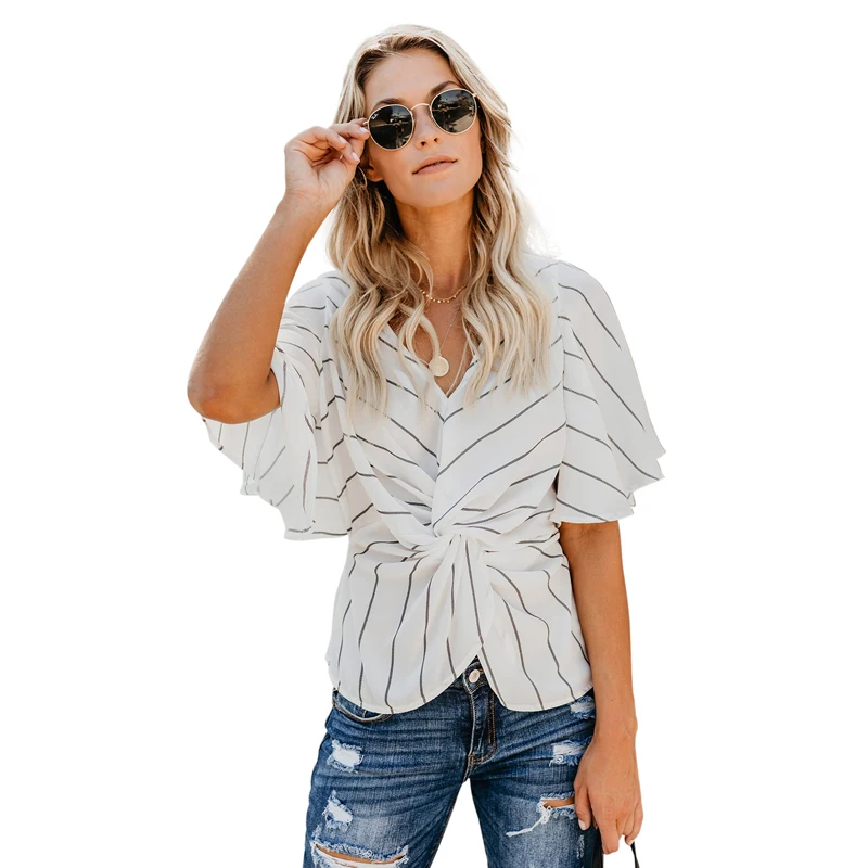 

2019 New Fashion Design Summer Women V Neck Flare Sleeve Loose Blouse Tops