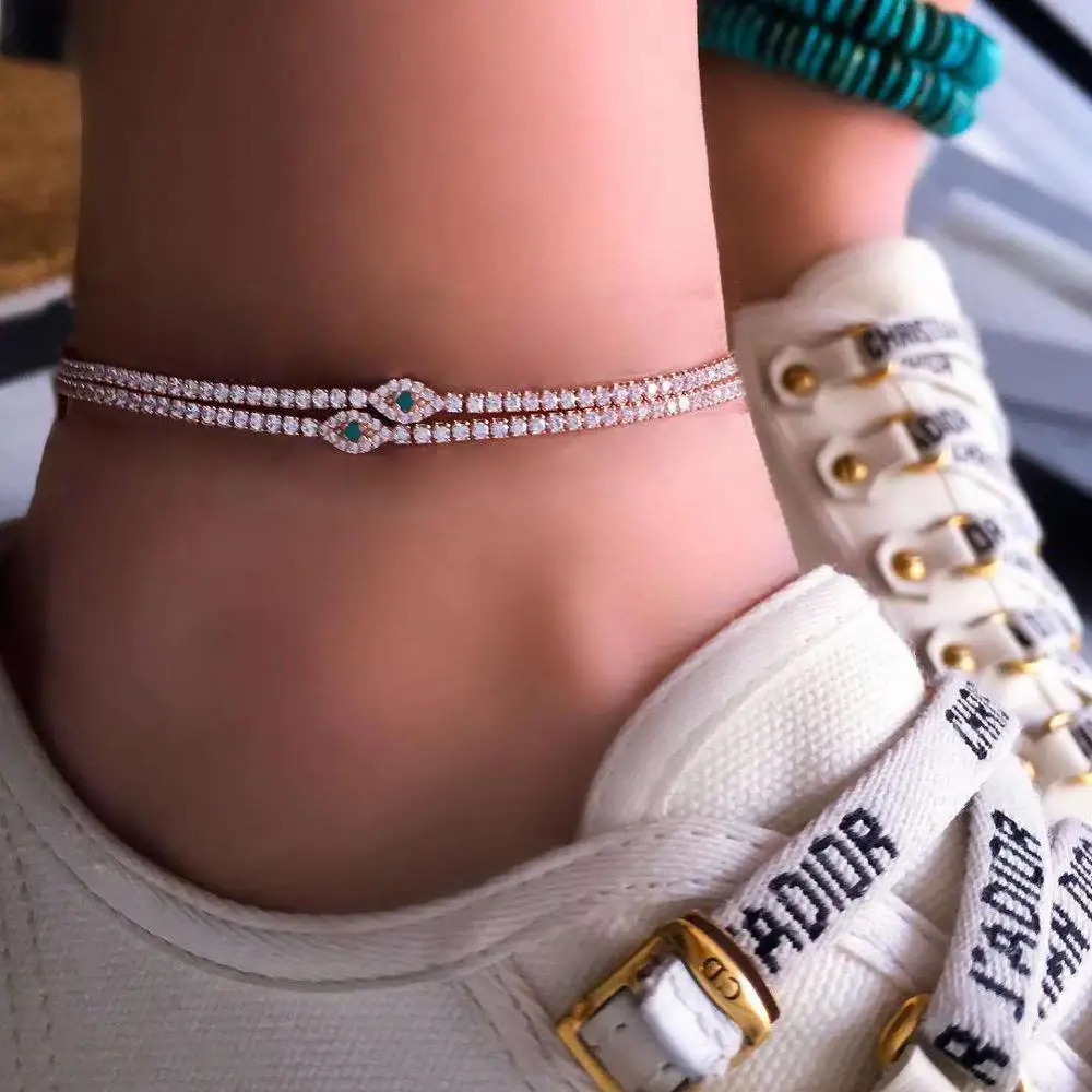 

2pcs/set 2019 fashion women green crystal eye bezel gold link chain Gorgeous women jewelry gold anklet designs, Gold color