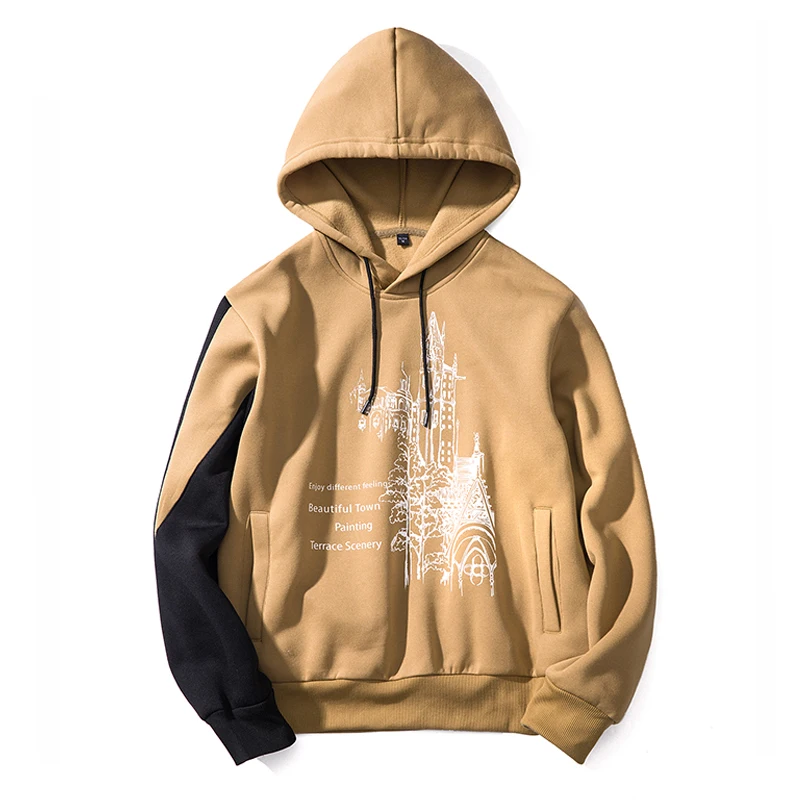 

splicing sleeve Sweatshirts For Men Brand Mens Hoodies Streetwear Pure Color Splicing Pullover Long Sleeve Hooded Sweatshirt, Picture
