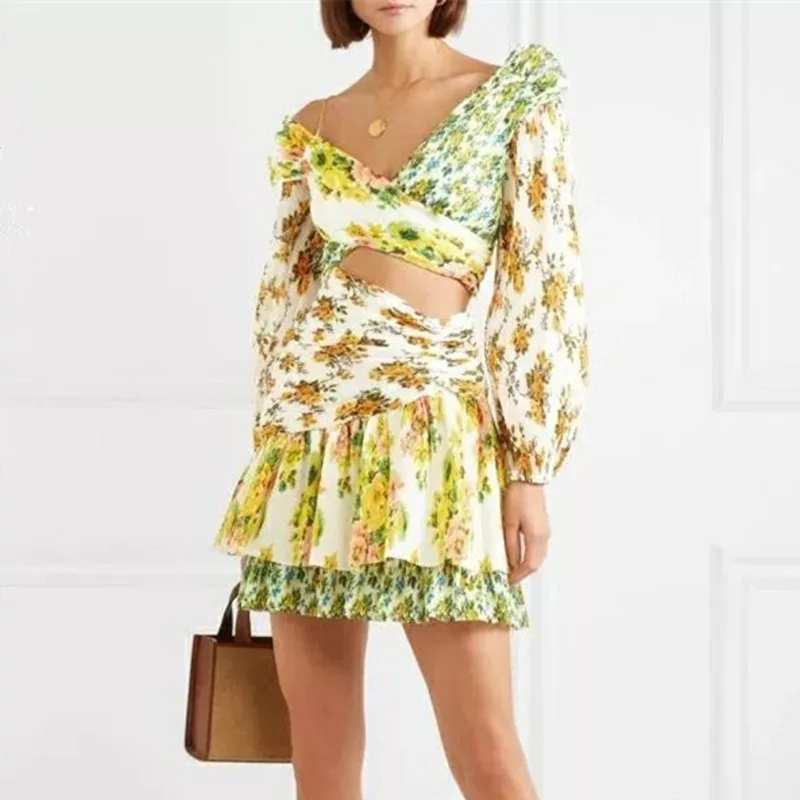 

Lady Sexy Print Dresses Female Off Shoulder Lantern Long Sleeve Hollow Out Irregular Mini Dress For Women Casual Autumn AMR395