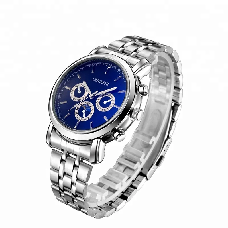 

OUKESHI 2018 New Waterproof Male Wristwatches Business Quartz Men Steel Band Watch, Blue;white
