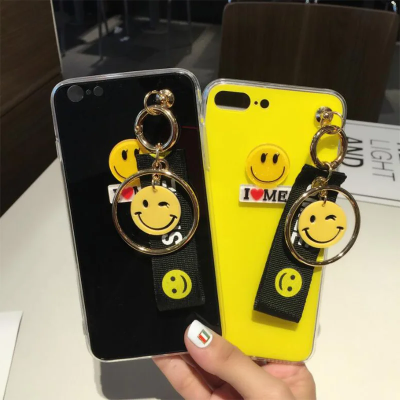 

Hot Summer Smile Face Hang Rope Strap Mobile TPU+PC Phone Case For iphone 6 6S Plus 7 8 X Metal Ring Lanyard Chain Back Cover