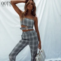 

OOTN 2019 Spring Summer Fashion Streetwear Women Camisole With Belt Plaid High Waist Women Pants Two Piece Set Women Clothing
