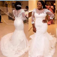 

NE183 African Bridal Gowns White Lace Mermaid Wedding Dresses Plus Size Three Quarter Bride Dresses 2017