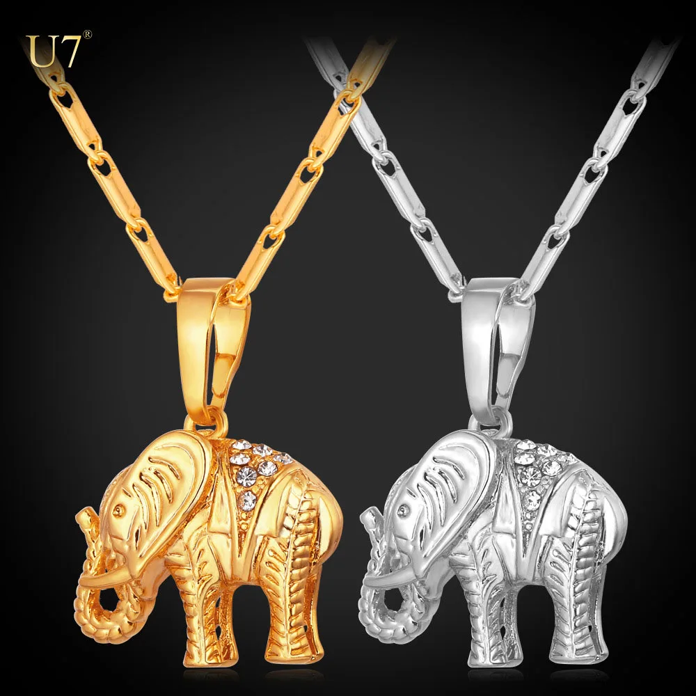 

U7 Lucky Jewelry Gold Plated Thailand Elephant Necklace Trendy Rhinestone Crystal Animal Pendant Necklace with chain Women Gift