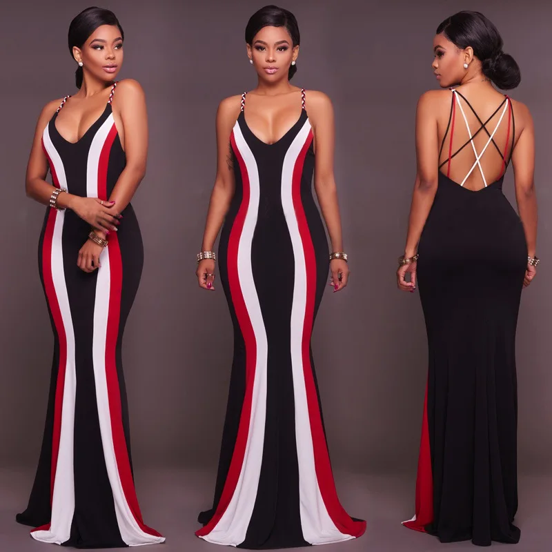 

Women Striped Sleeveless Slim Fit Backless Sling Sexy Dress 2019 Party, Black