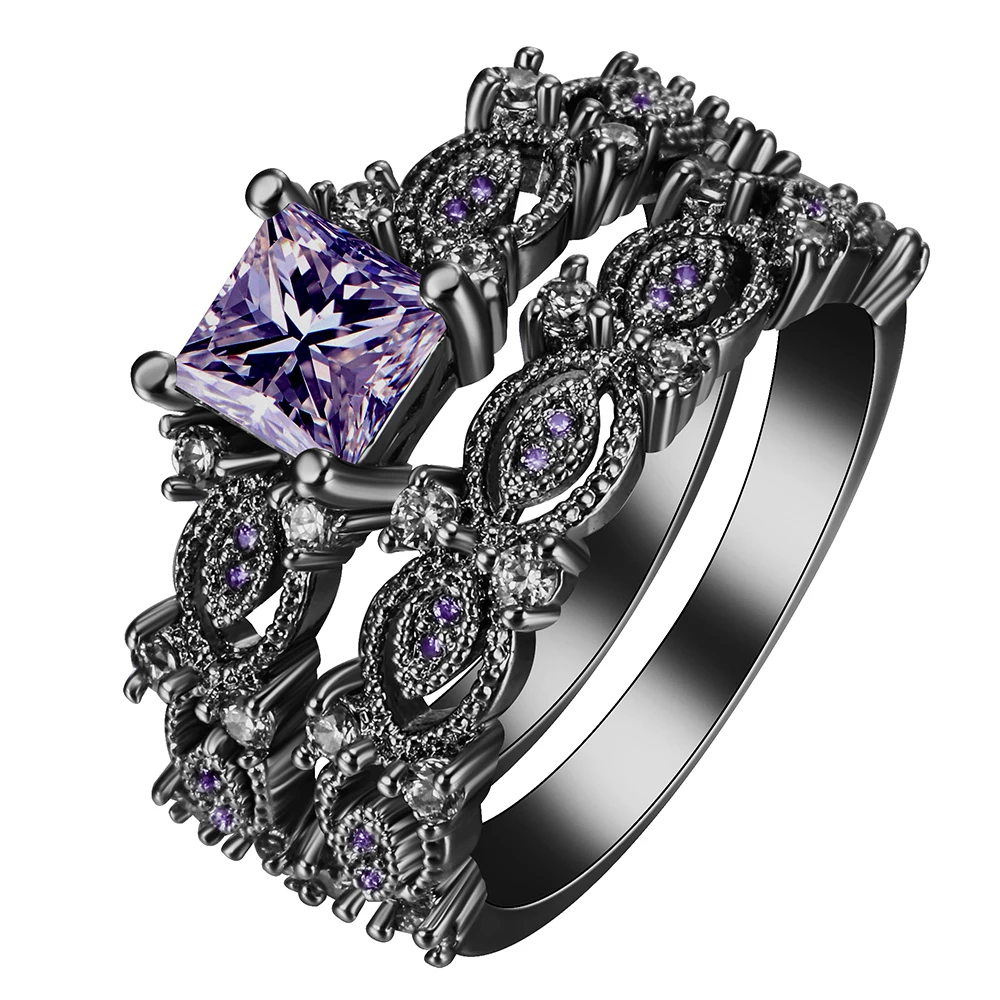 

black gold silver Rings sets purple red pink zircon vintage new fashion jewelry gift princess Engagement Rings for women