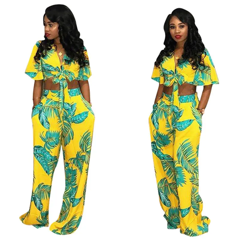 

90320-MX100 Summer Printed Sexy Knot Tops Wide Leg Jumpsuit For Ladies