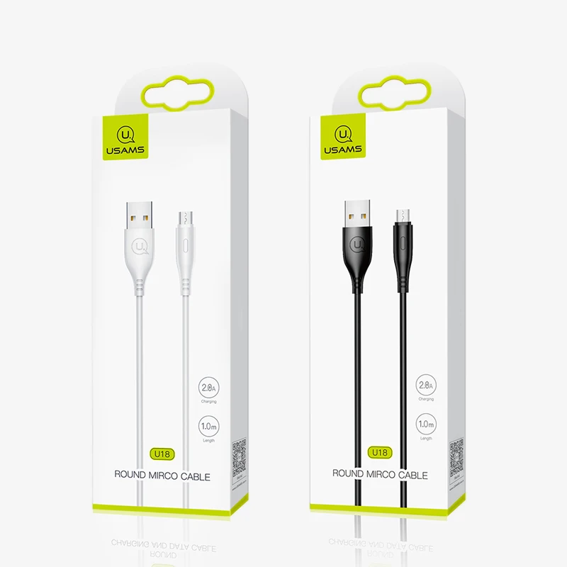 

USAMS U18 durable 2A PVC phone fast charging cable Round Mirco data charger Cable for iphone, Black/white