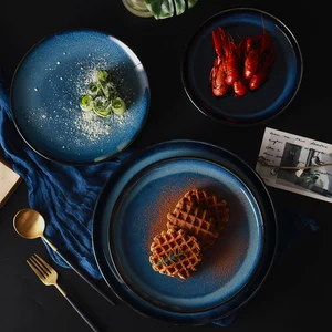 Image of Fambe ceramic japanese blue dinner plate serving dish for restaurant
