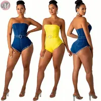 

9071624 queenmoen hot selling new design summer sexy strapless bodycon denim jumpsuit short rompers