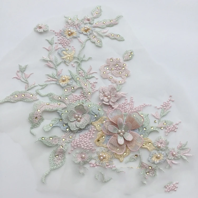 macarons black gold blue new exquisite beaded hot diamond 3D flower floral embroidery lace applique for wedding party dress