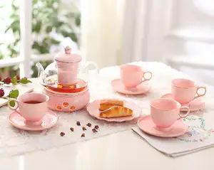 Image of Glazed porcelain coffee set coffee cups and saucers dessert plates glass flower tea set teapot ceramic tea cup and saucer set