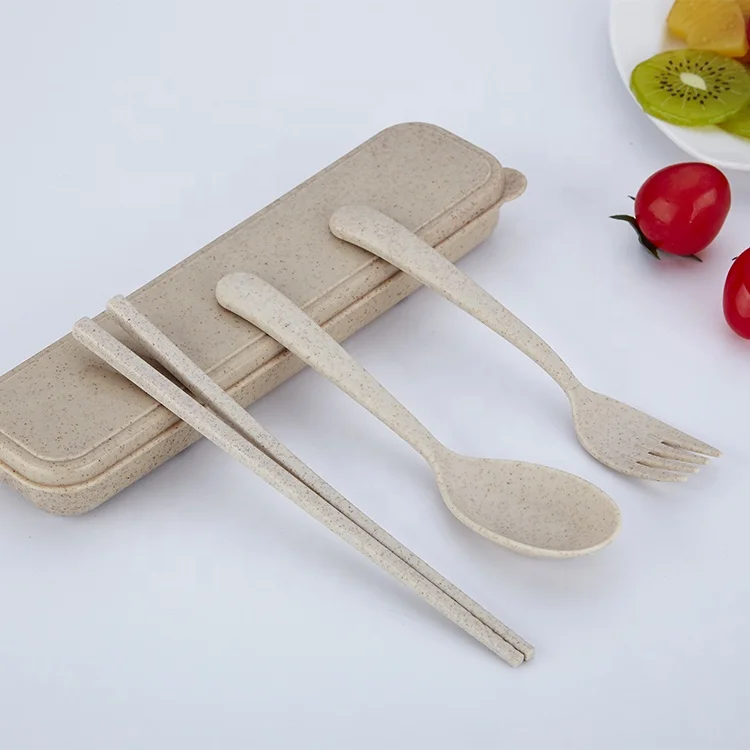 

3pcs set Eco friendly wheat cutlery set chopstick fork spoon sets with wheat box, Blue/pink/green/wheat