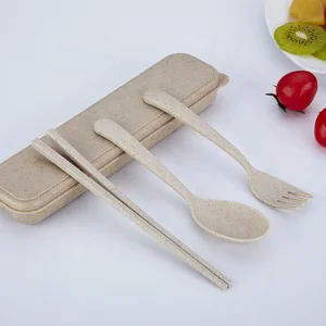 Image of 3pcs set Eco friendly wheat cutlery set chopstick fork spoon sets with wheat box