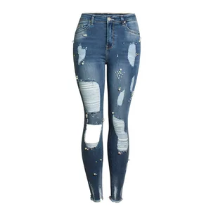 European and American women high waist large size denim pants washed holes irregular studded pearl slim elastic jeans