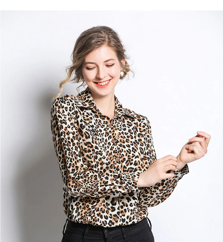 

New Fashion Printed Lapel Leopard Blouses Long Sleeve Women Causal Loose Shirts, Customized color