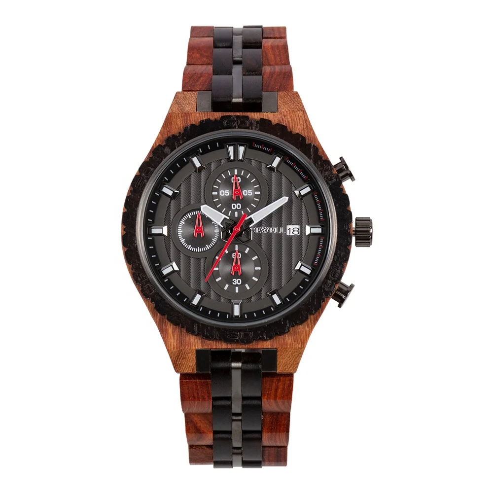 

New men's wood watch 3 atm waterproof wooden watches chronograph movement red sandal wood watch