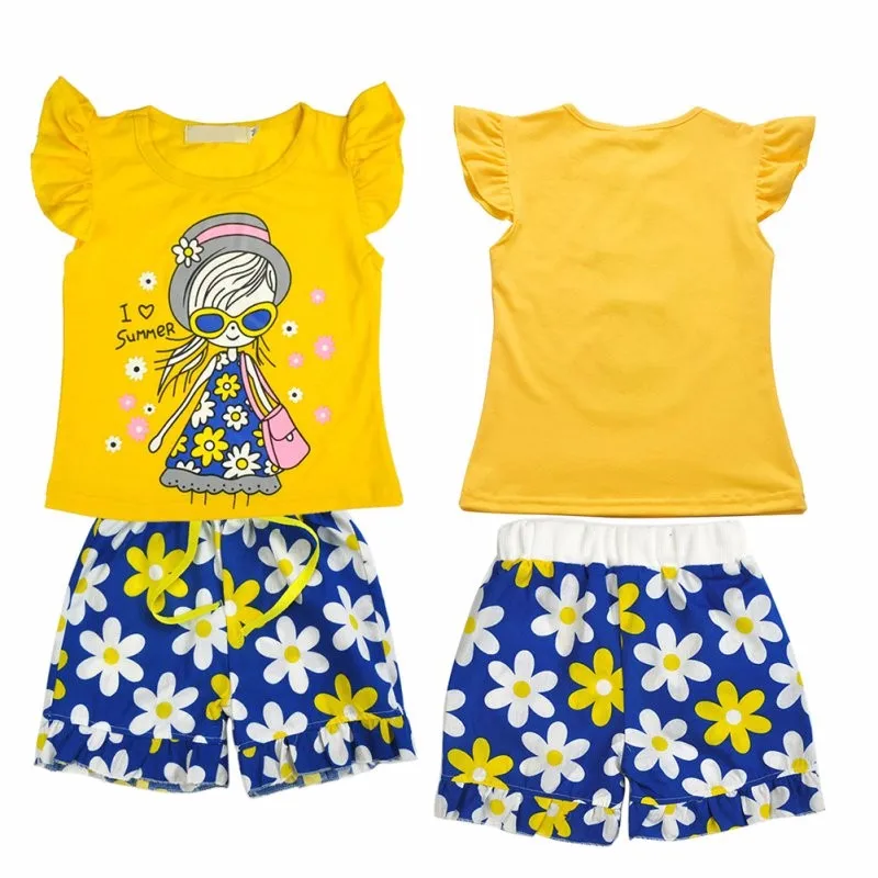 

Children Casual Suits Clothes Sets Girls Short Sleeve Cartoon T-shirt + Printed Short Kids Hot